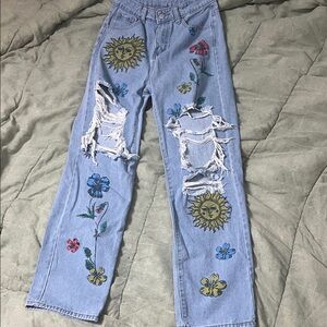 Flower Child Distressed Shein Jeans